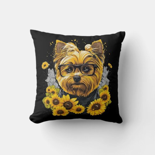 Cute Yorkie Sunflower Lover Drawing Art Throw Pillow