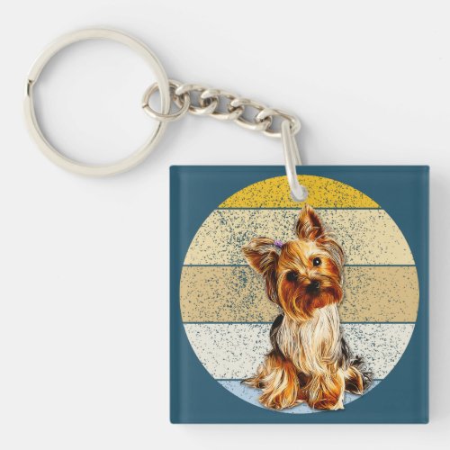 Cute Yorkie Terrier Dog Retro Background Keychain