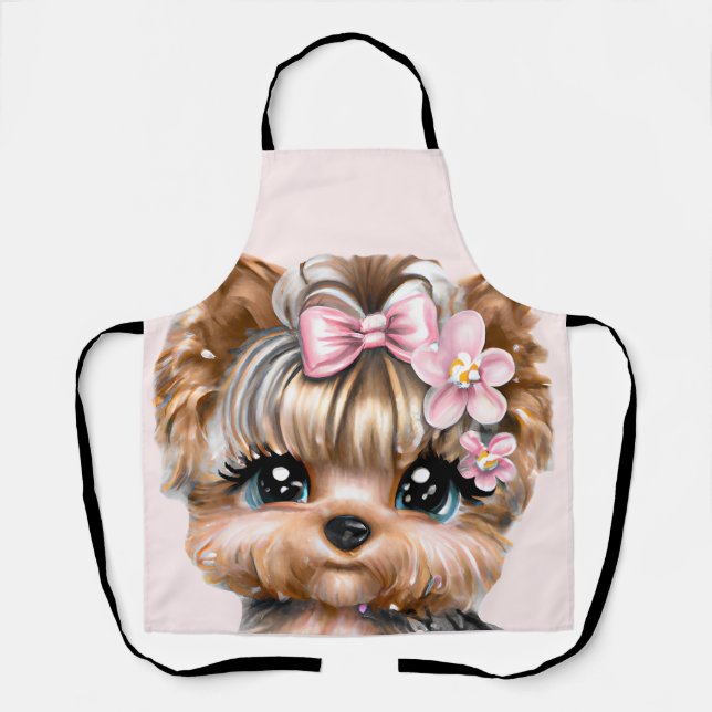 Cute Yorkie With a Pink Bow    Apron (Front)