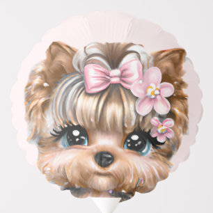 Cute Yorkie With a Pink Bow Balloon