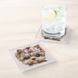Cute Yorkie With a Pink Bow    Glass Coaster