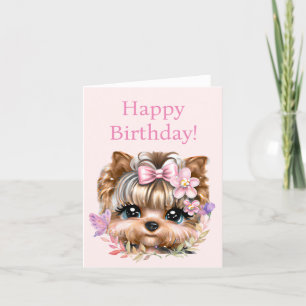 Cute Yorkie With a Pink Bow Holiday Card
