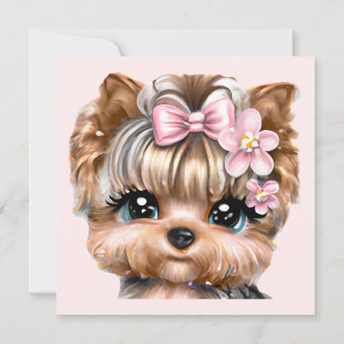 Cute Yorkie With a Pink Bow  Holiday Card