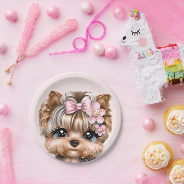 Cute Yorkie With a Pink Bow  Paper Plates (Party)
