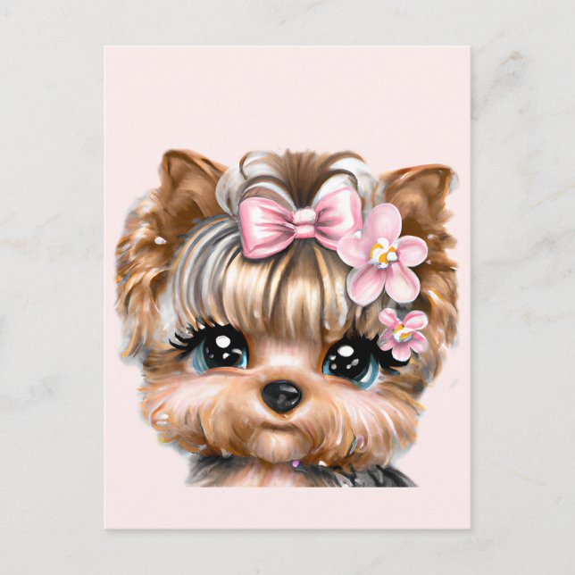 Cute Yorkie With a Pink Bow  Postcard (Front)