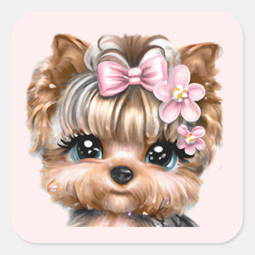 Cute Yorkie With a Pink Bow  Square Sticker