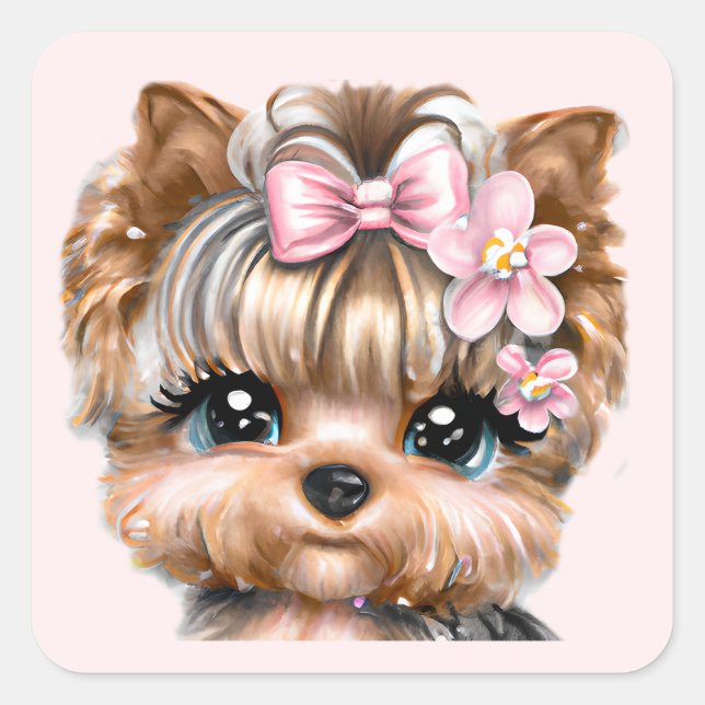 Cute Yorkie With a Pink Bow  Square Sticker (Front)