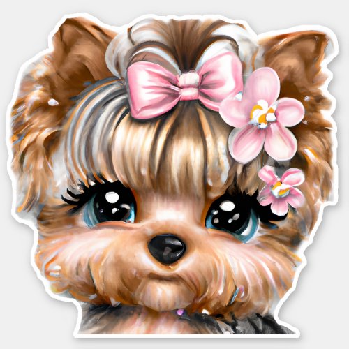 Cute Yorkie With a Pink Bow   Sticker