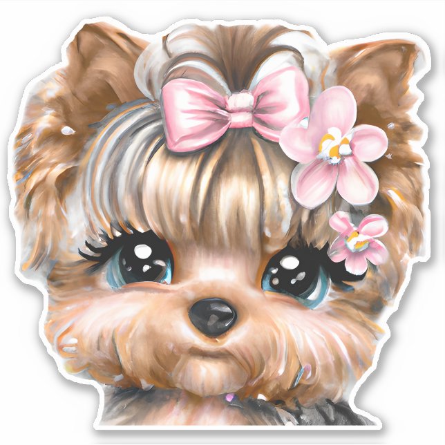 Cute Yorkie With a Pink Bow   Sticker (Front)