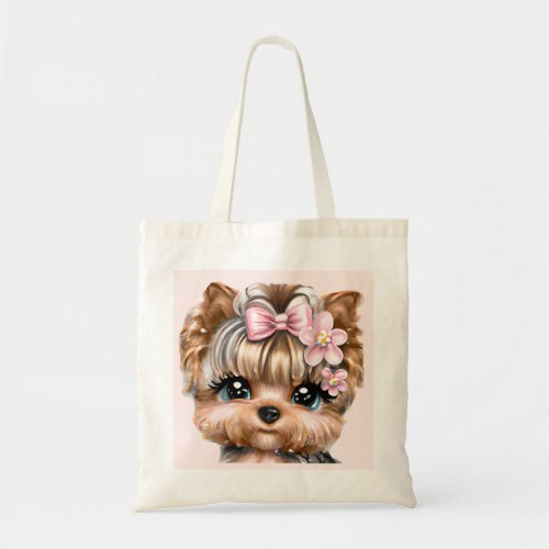 Cute Yorkie With a Pink Bow   Tote Bag