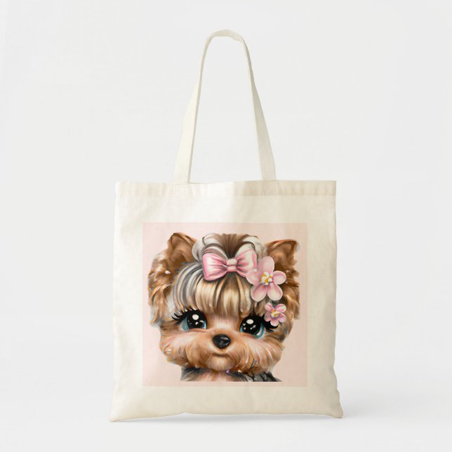 Cute Yorkie With a Pink Bow   Tote Bag (Front)