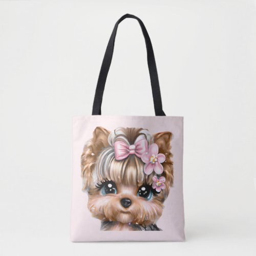 Cute Yorkie With a Pink Bow   Tote Bag