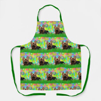Cute Yorkie With Flowers Apron by AutumnRoseMDS at Zazzle