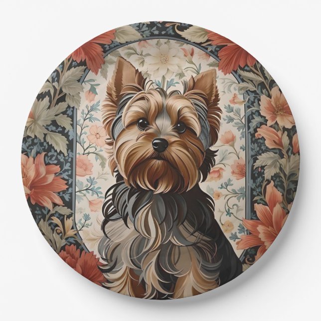 Cute Yorkie | Yorkshire Terrier Portrait Paper Plates (Front)