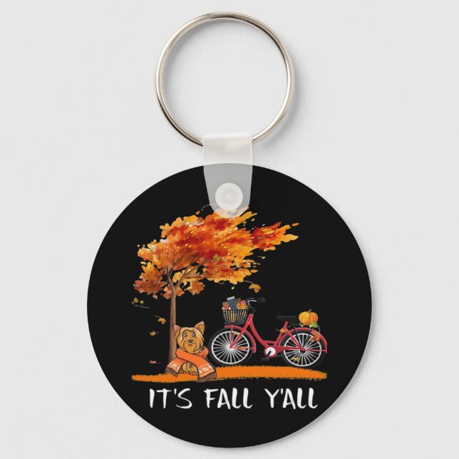 Cute Yorkshire Autumn Kawaii Yorkie It’s Fall Y’al Keychain (Front)