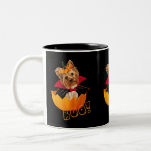 Cute Yorkshire dog Halloween pumpkin Two-Tone Coffee Mug
