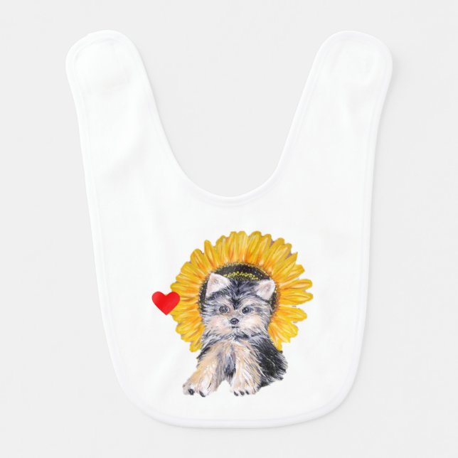 Cute Yorkshire puppy, sunflower & heart Baby Bib (Front)