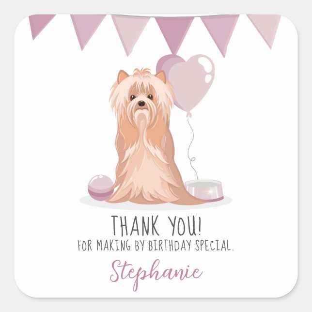 Cute Yorkshire Terrier Birthday Square Sticker (Front)