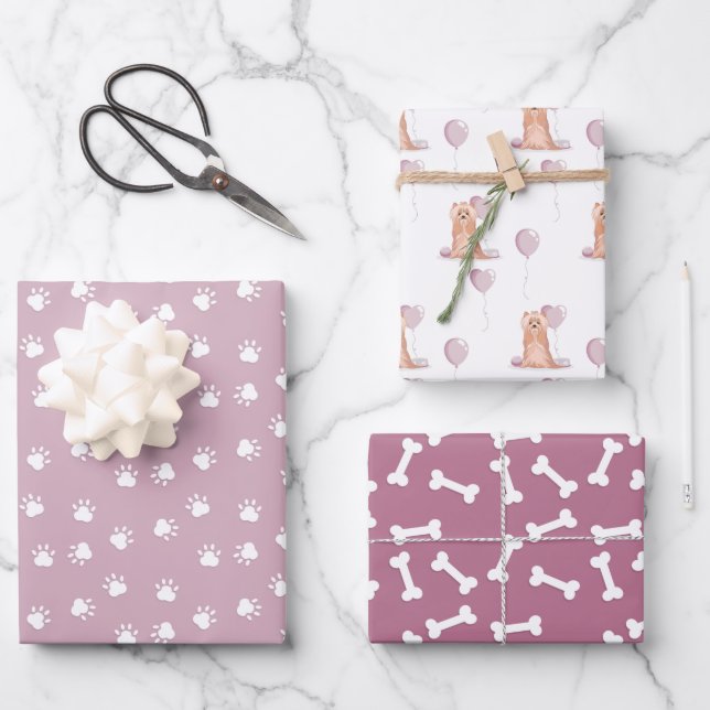 Cute Yorkshire Terrier Birthday Wrapping Paper Sheets (Front)
