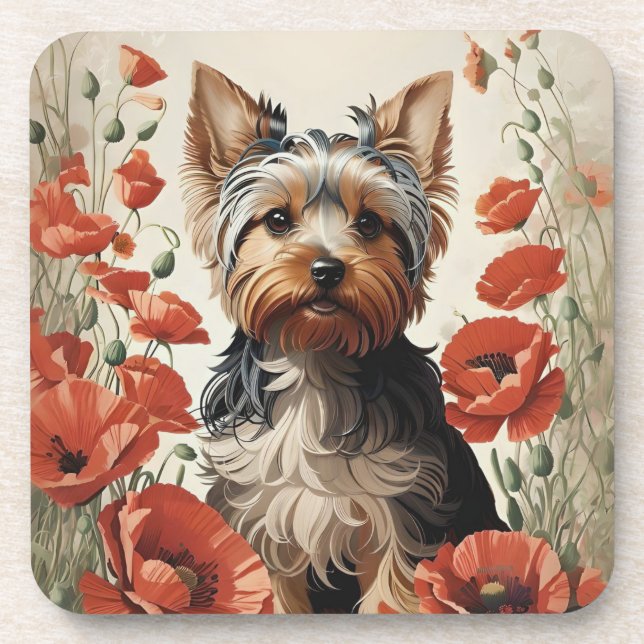 Cute Yorkshire Terrier Botanical Red Poppies Beverage Coaster (Front)