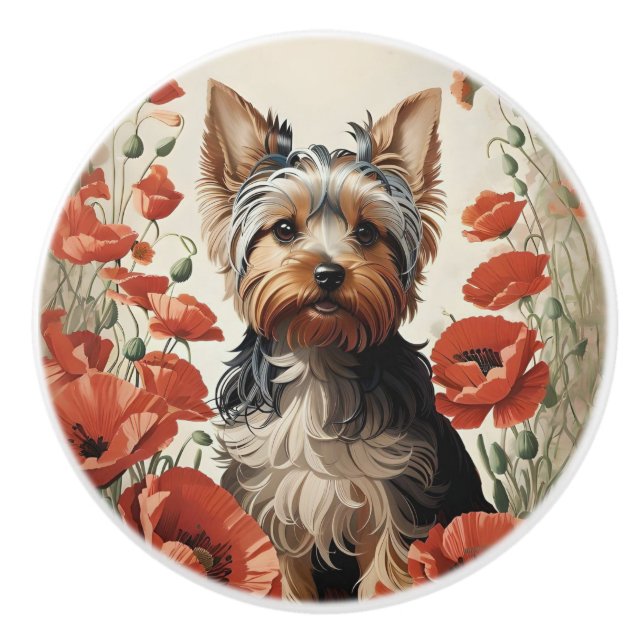 Cute Yorkshire Terrier Botanical Red Poppies Ceramic Knob (Front)