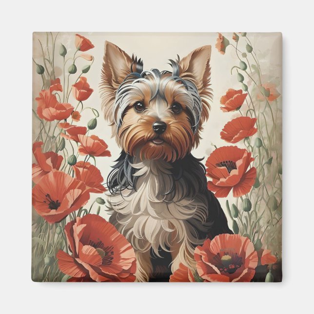 Cute Yorkshire Terrier Botanical Red Poppies Magnet (Front)