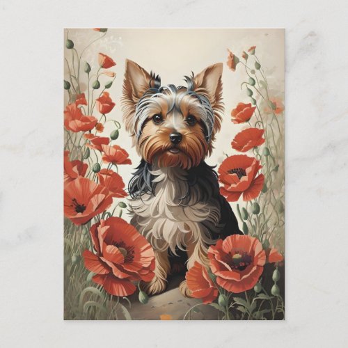 Cute Yorkshire Terrier Botanical Red Poppies Postcard