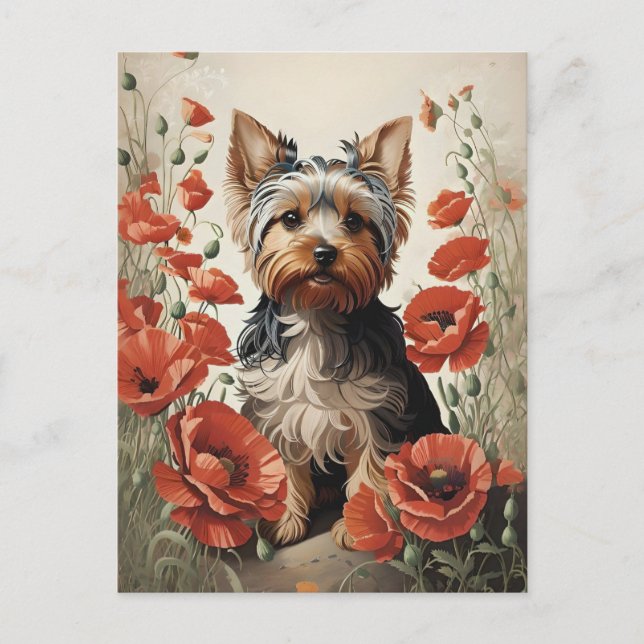 Cute Yorkshire Terrier Botanical Red Poppies Postcard (Front)