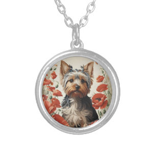 Cute Yorkshire Terrier Botanical Red Poppies Silver Plated Necklace
