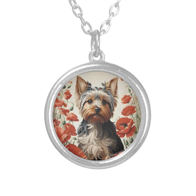 Cute Yorkshire Terrier Botanical Red Poppies Silver Plated Necklace (Front)
