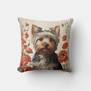 Cute Yorkshire Terrier Botanical Red Poppies Throw Pillow