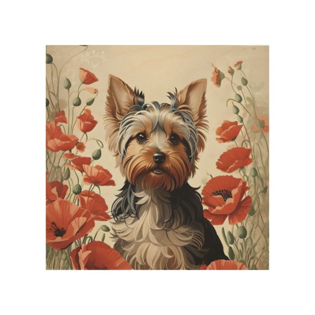 Cute Yorkshire Terrier Botanical Red Poppies Wood Wall Art (Front)