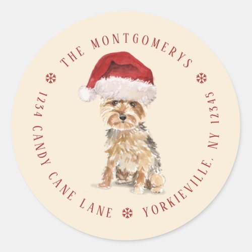 Cute Yorkshire Terrier Christmas Return Address Classic Round Sticker