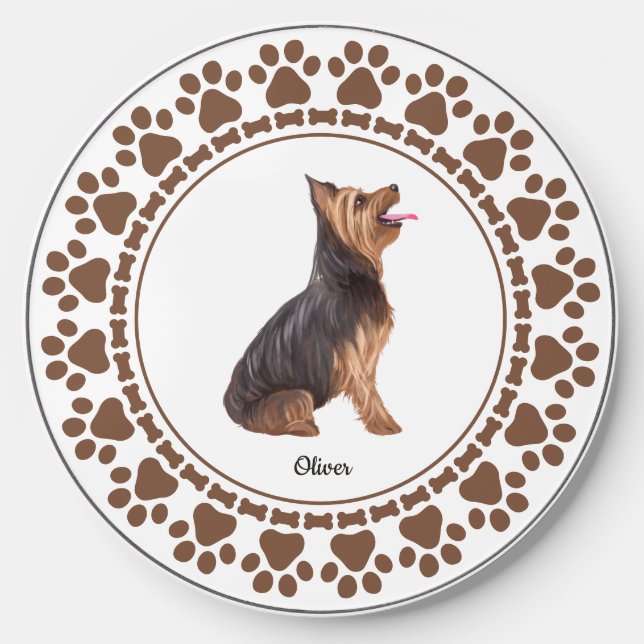 Cute Yorkshire Terrier Custom Name Paw Print Wireless Charger (Front)