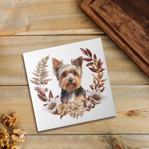 Cute Yorkshire Terrier Dog Autumn Wreath Ceramic Tile