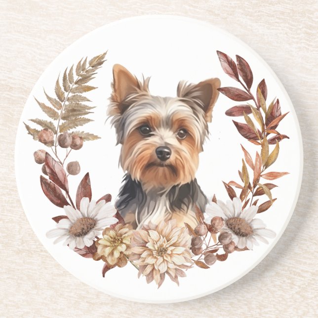 Cute Yorkshire Terrier Dog Autumn Wreath Coaster (Front)