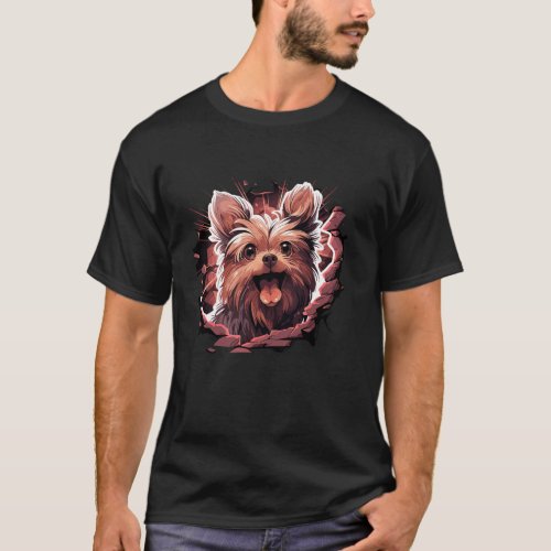 Cute Yorkshire Terrier Dog Breaking Through Men Wo T_Shirt