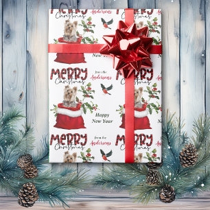 Cute Yorkshire Terrier Dog in Christmas Gift Bag Wrapping Paper