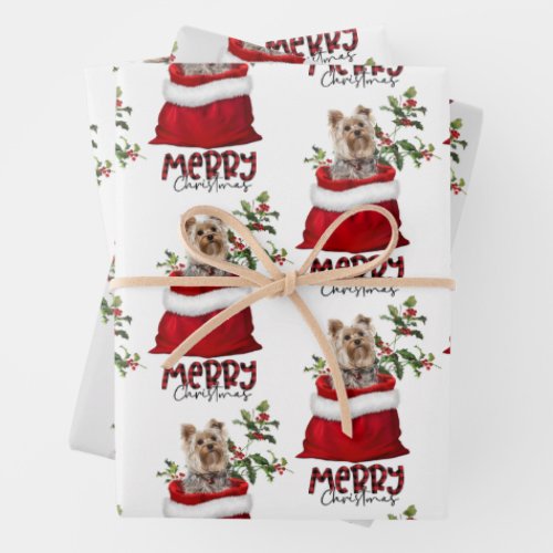 Cute Yorkshire Terrier Dog in Holiday Gift Bag Wrapping Paper Sheets