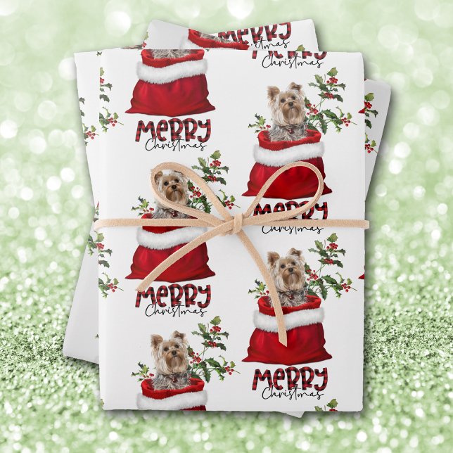 Cute Yorkshire Terrier Dog in Holiday Gift Bag Wrapping Paper Sheets (Creator Uploaded)