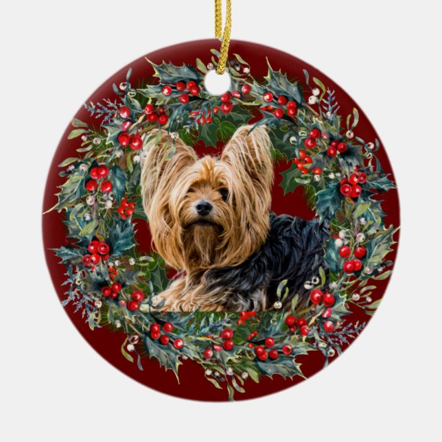 Cute Yorkshire Terrier dog lovers Holiday Ceramic Ornament (Front)