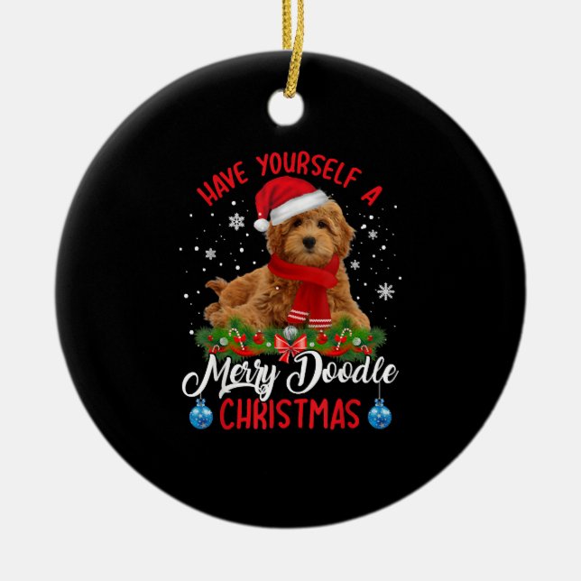 Cute Yorkshire Terrier Dog Merry Doodle Christmas Ceramic Ornament (Front)