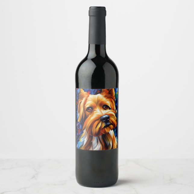 Cute Yorkshire Terrier Dog Painting    Wine Label (Front)