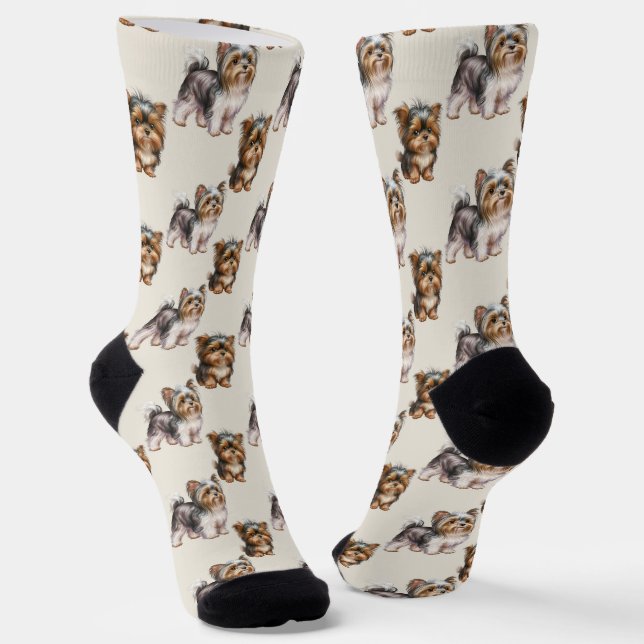 Cute Yorkshire Terrier Dog Pattern Socks (Angled)