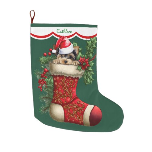 Cute Yorkshire Terrier Dog Peeking Large Christmas Stocking