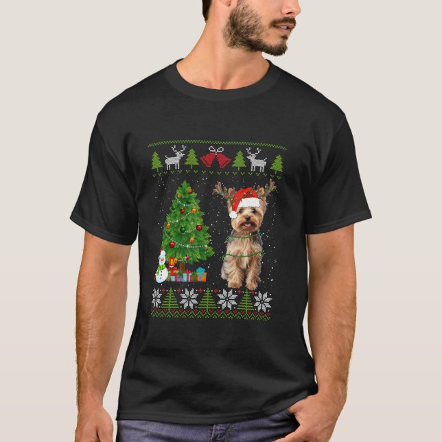 Cute Yorkshire Terrier Dog Santa Hat Ugly Sweater  (Front)