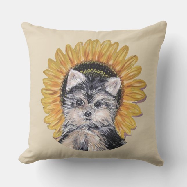 Cute Yorkshire Terrier Dog & Sunflower on Beige Throw Pillow (Front)