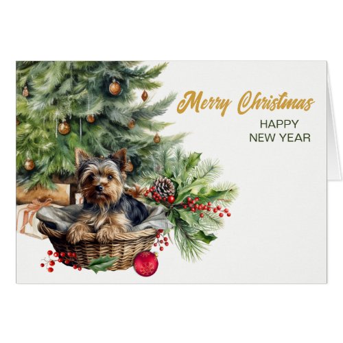 Cute Yorkshire Terrier Dog Wicker Basket Christmas