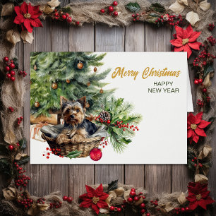 Cute Yorkshire Terrier Dog Wicker Basket Christmas Cards
