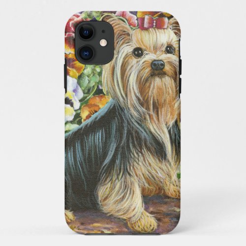 Cute Yorkshire Terrier in Pansy Garden iPhone 11 Case
